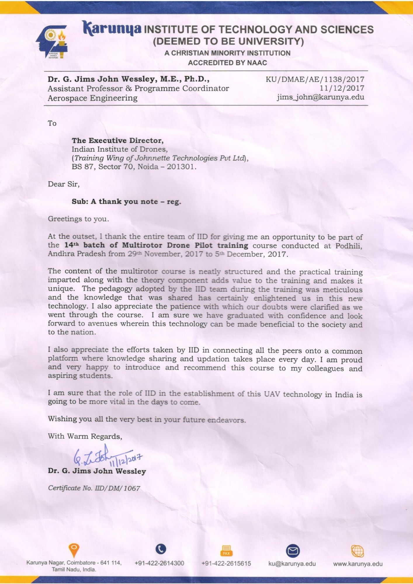 Satisfactory Letter for Drone Training Received from Karunya Institute of Technology and Sciences